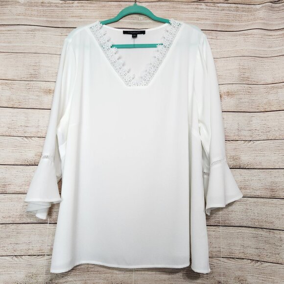Marc New York Andrew Marc 3X White Lace Trim Blouse Long Sleeve Eyelet Bell New - Picture 1 of 15
